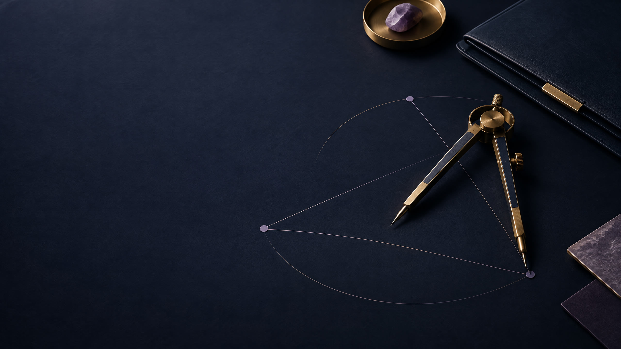 Abstract off-market credit advisory desk with a decision instrument, portfolio file, and discreet connected points.