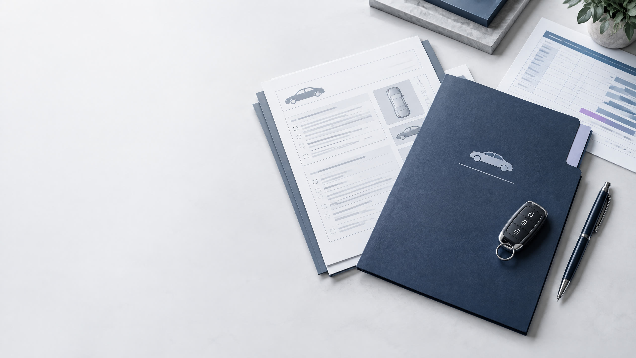 Editorial still life of an auto-finance diligence folder, title-style forms, and a vehicle key.