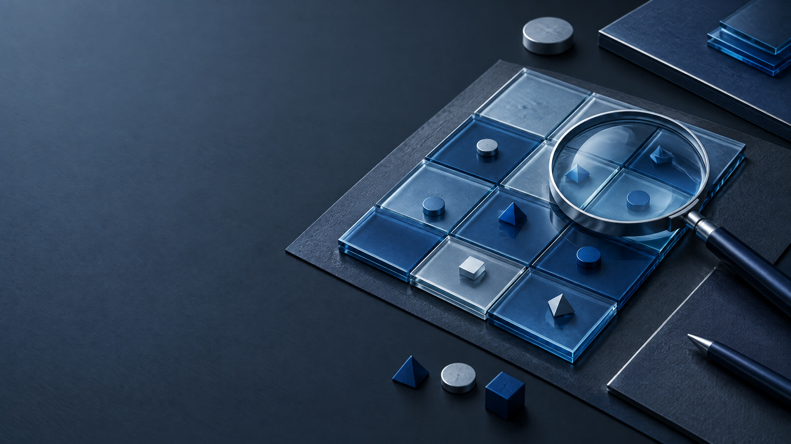 Abstract institutional buyer diligence desk with layered risk review tiles and a focused analysis lens.