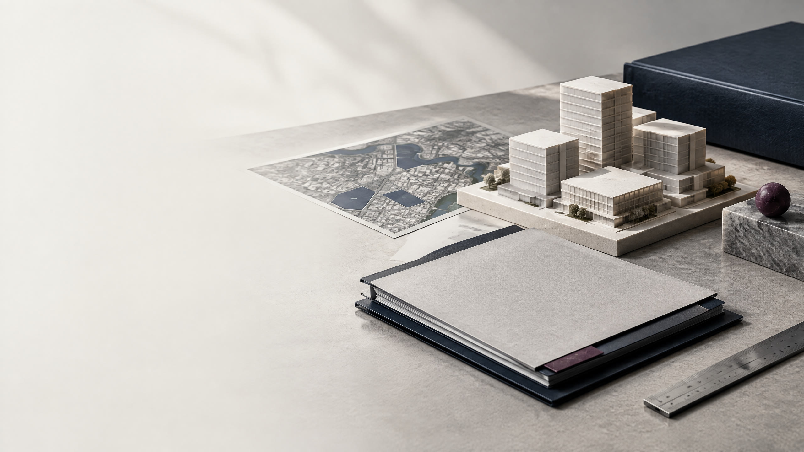 Editorial still life of a commercial real estate model, collateral files, and a market map.