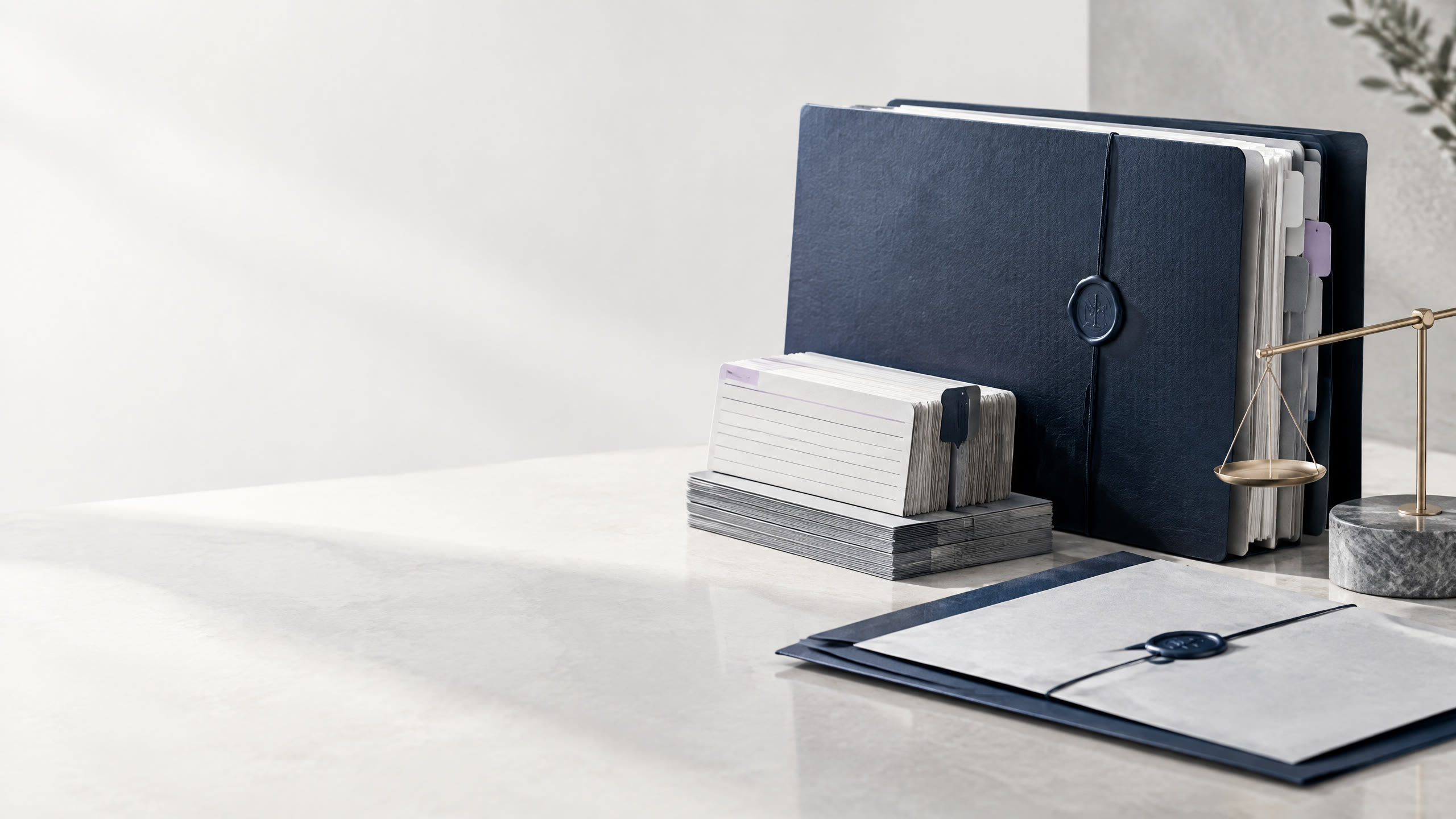 Editorial still life of orderly legal files and a scale, representing judgment portfolio diligence.