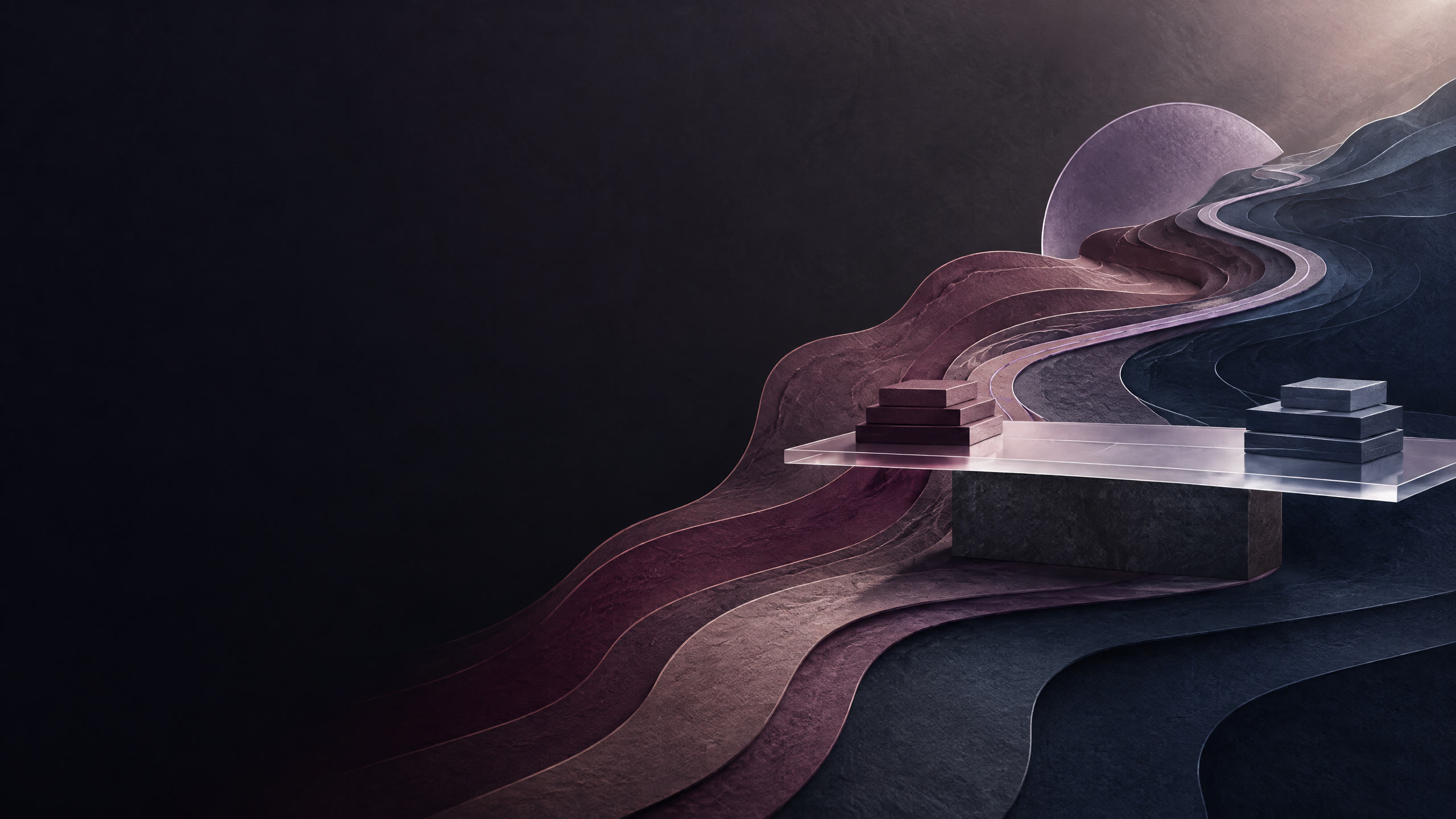 Abstract NPL recovery and resolution composition with orderly portfolio layers in plum, charcoal, and navy.